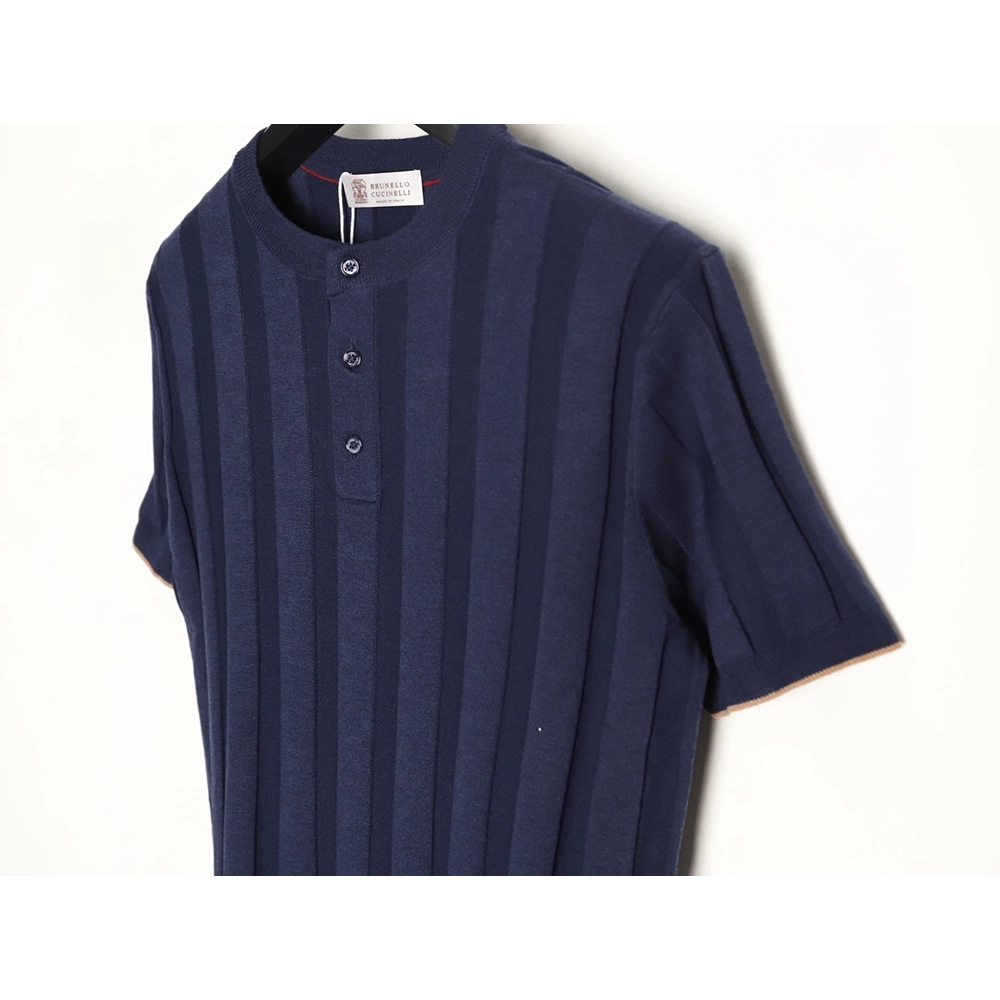 Brunello Cucinelli Button Ribbed Henley Collar Knit Short Sleeve T-Shirt TSK1,Brunello Cucinelli