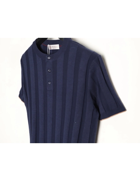 Brunello Cucinelli Button Ribbed Henley Collar Knit Short Sleeve T-Shirt TSK1,Brunello Cucinelli