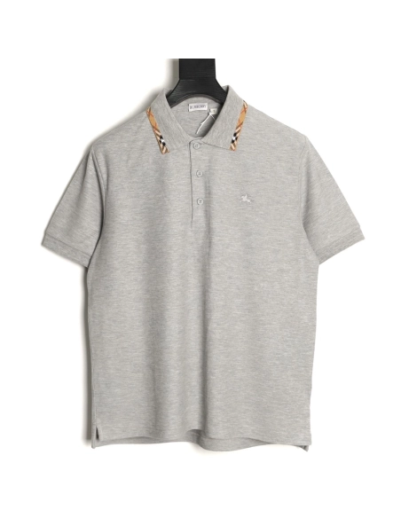 Burberry plaid patchwork collar beaded fabric short-sleeved polo shirt TSK1,Burberry