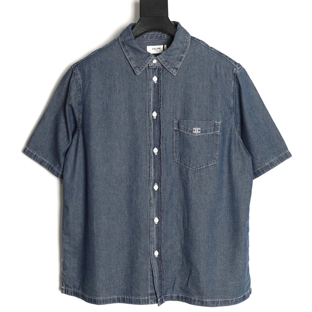 Celine Triomphe Embroidery Denim Short-Sleeve Shirt,ADIDAS
