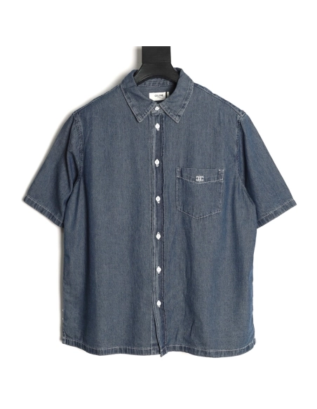 Celine Triomphe Embroidery Denim Short-Sleeve Shirt,ADIDAS