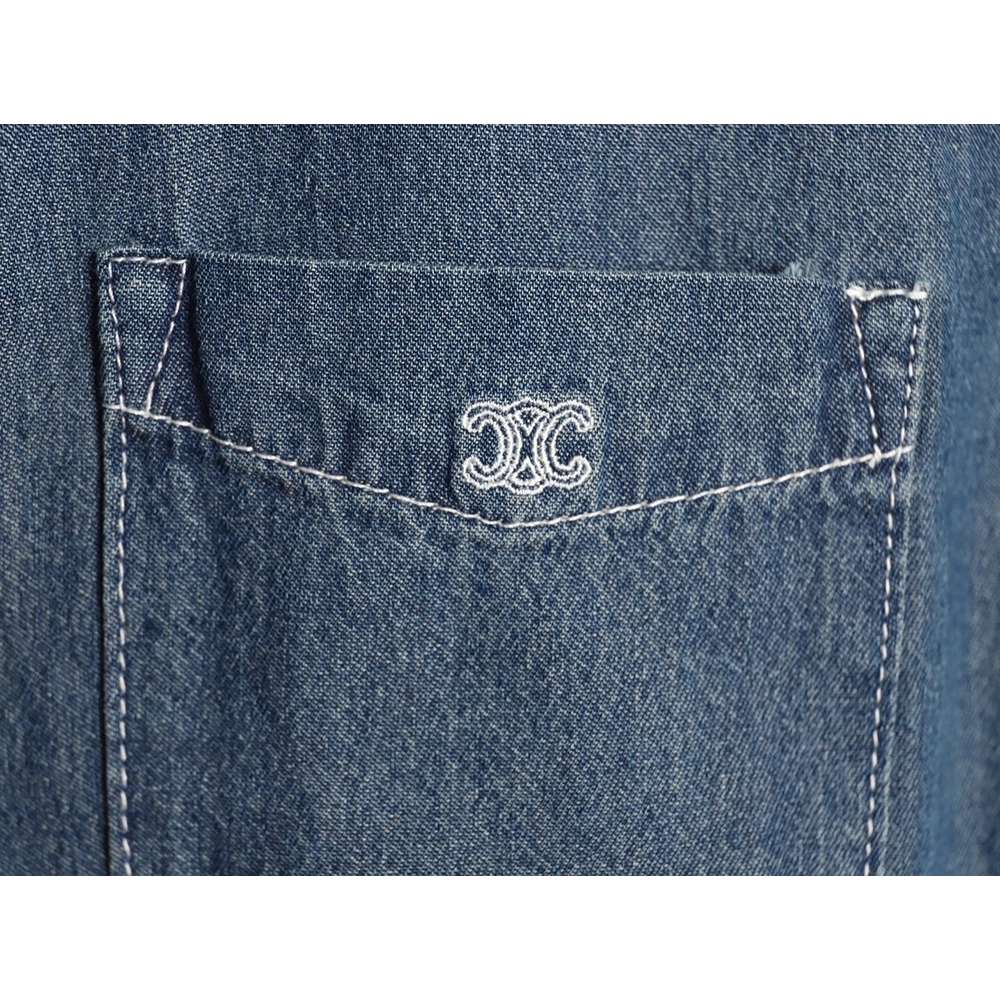 Celine Triomphe Embroidery Denim Short-Sleeve Shirt,ADIDAS