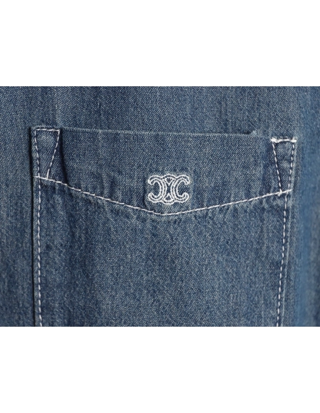 Celine Triomphe Embroidery Denim Short-Sleeve Shirt,ADIDAS