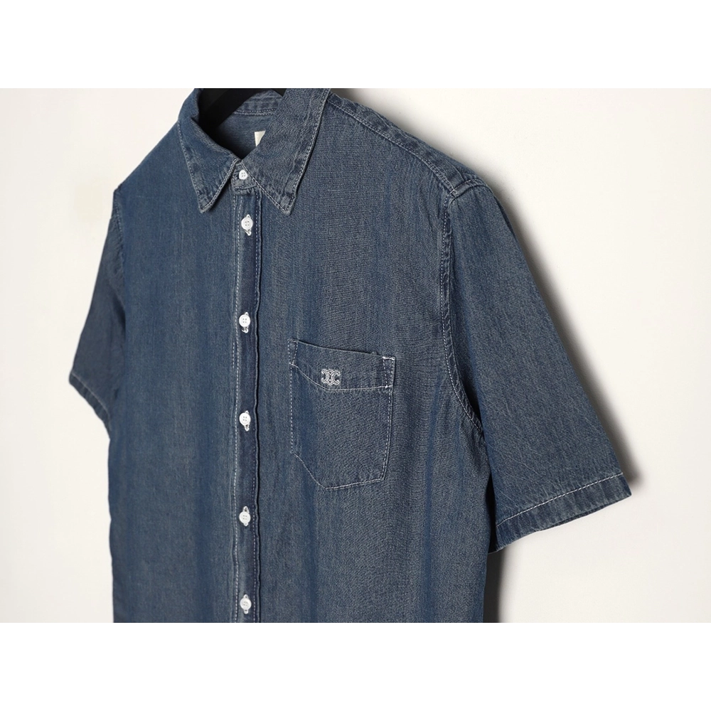 Celine Triomphe Embroidery Denim Short-Sleeve Shirt,ADIDAS
