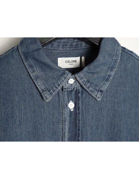 Celine Triomphe Embroidery Denim Short-Sleeve Shirt,ADIDAS