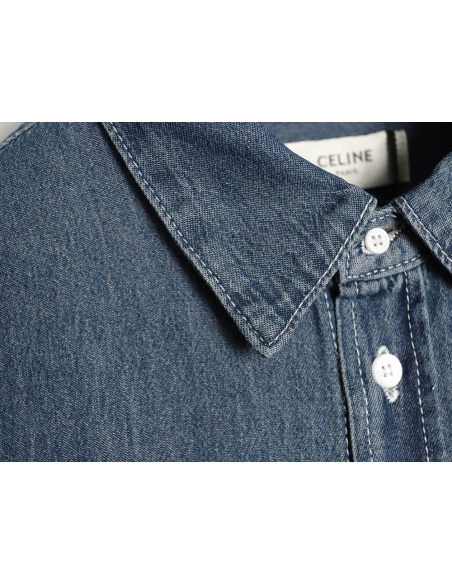 Celine Triomphe Embroidery Denim Short-Sleeve Shirt,ADIDAS