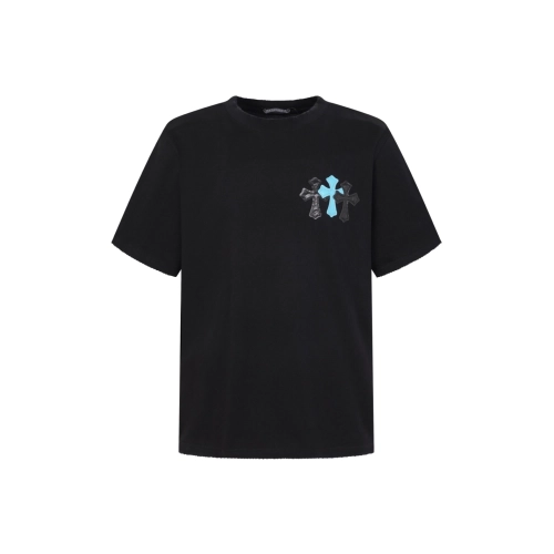 Chrome Hearts T Shirts 2026 New Ice Blue Contrast Cross Leather Patch Short Sleeve  ,Chrome Hearts T Shirt,Tshirt,APPAREL