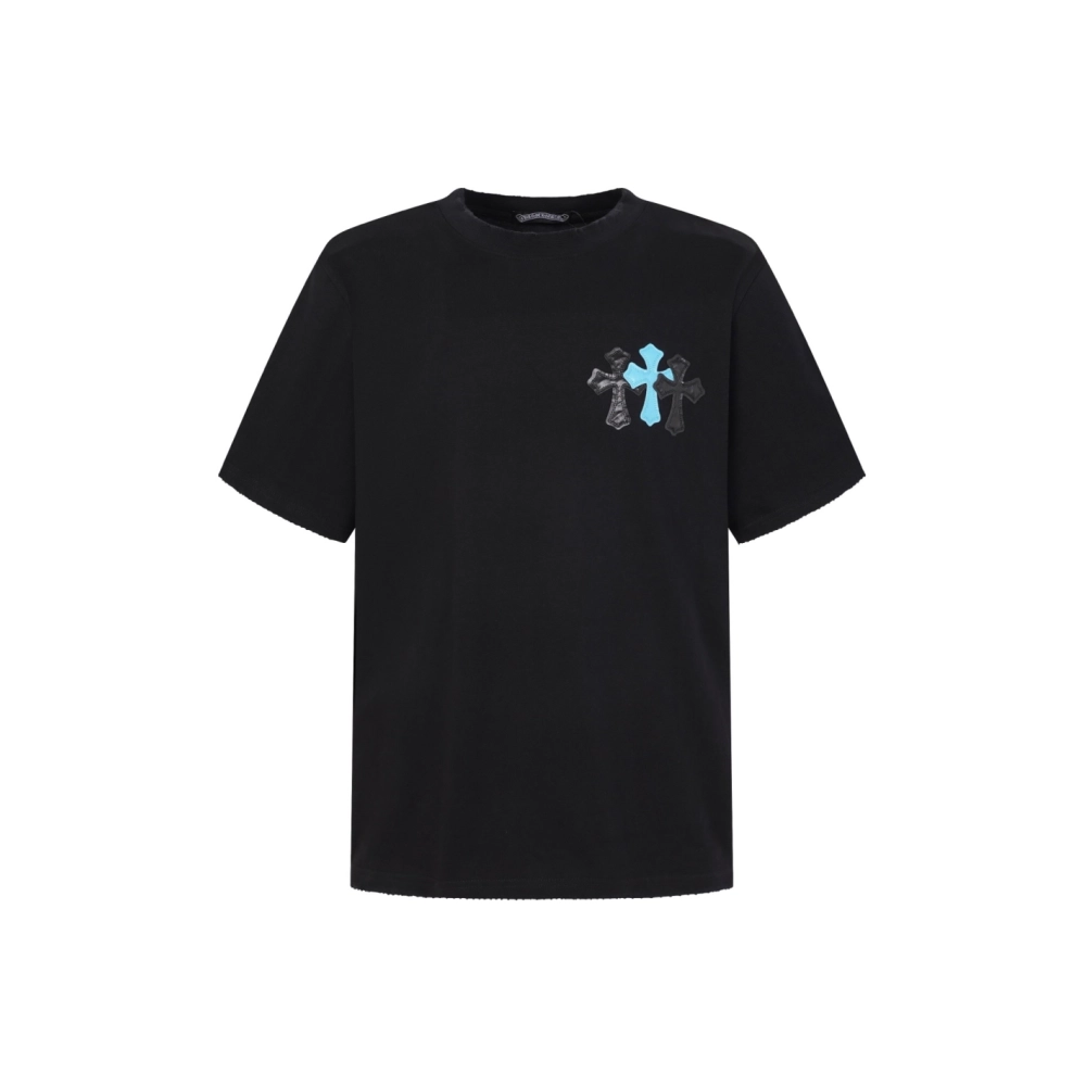 Chrome Hearts T Shirts 2026 New Ice Blue Contrast Cross Leather Patch Short Sleeve  ,Chrome Hearts T Shirt,Tshirt,APPAREL