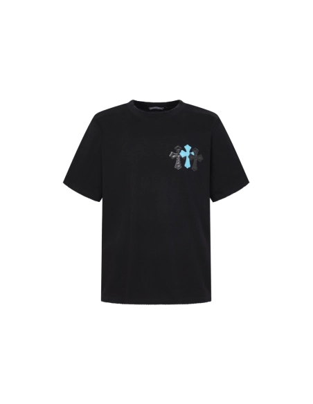 Chrome Hearts T Shirts 2026 New Ice Blue Contrast Cross Leather Patch Short Sleeve  ,Chrome Hearts T Shirt,Tshirt,APPAREL