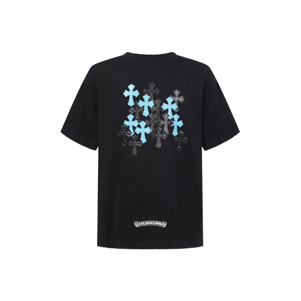 Chrome Hearts T Shirts 2026 New Ice Blue Contrast Cross Leather Patch Short Sleeve  ,Chrome Hearts T Shirt,Tshirt,APPAREL