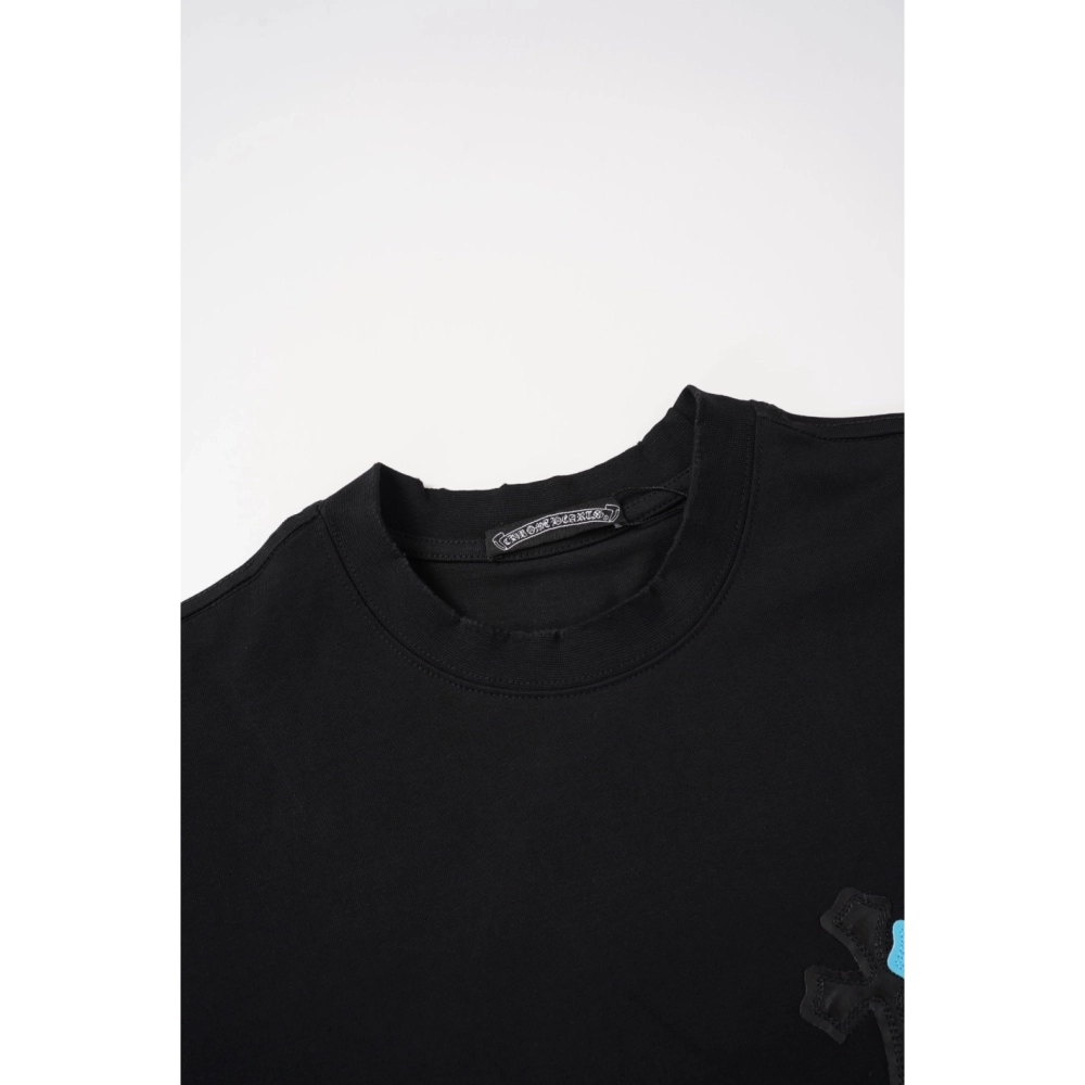 Chrome Hearts T Shirts 2026 New Ice Blue Contrast Cross Leather Patch Short Sleeve  ,Chrome Hearts T Shirt,Tshirt,APPAREL