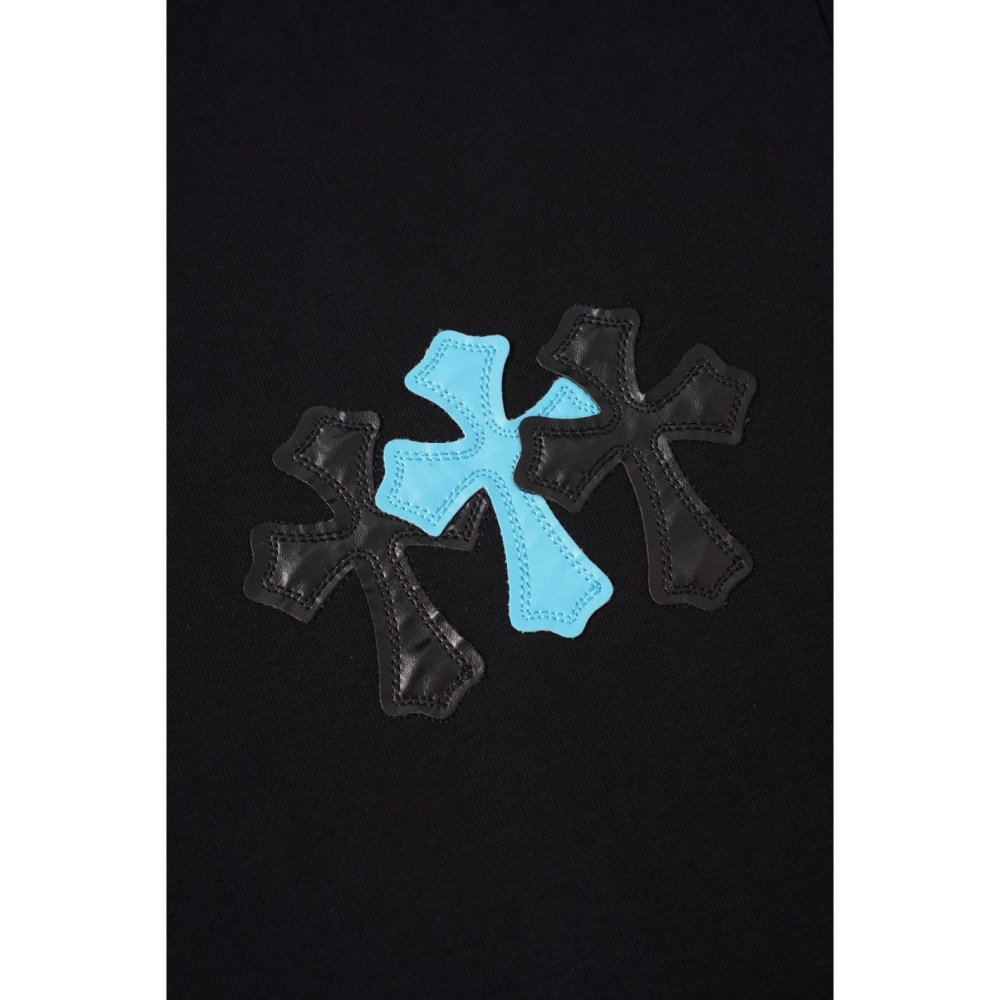 Chrome Hearts T Shirts 2026 New Ice Blue Contrast Cross Leather Patch Short Sleeve  ,Chrome Hearts T Shirt,Tshirt,APPAREL