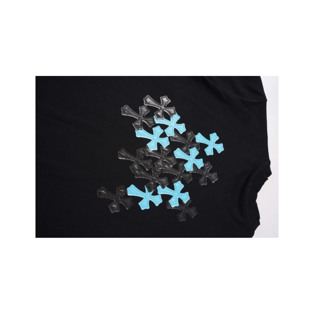 Chrome Hearts T Shirts 2026 New Ice Blue Contrast Cross Leather Patch Short Sleeve  ,Chrome Hearts T Shirt,Tshirt,APPAREL