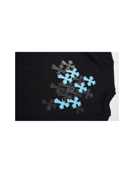 Chrome Hearts T Shirts 2026 New Ice Blue Contrast Cross Leather Patch Short Sleeve  ,Chrome Hearts T Shirt,Tshirt,APPAREL