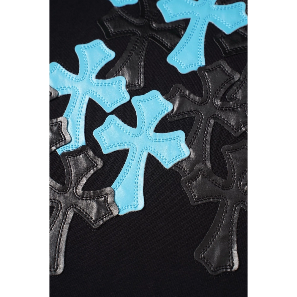 Chrome Hearts T Shirts 2026 New Ice Blue Contrast Cross Leather Patch Short Sleeve  ,Chrome Hearts T Shirt,Tshirt,APPAREL