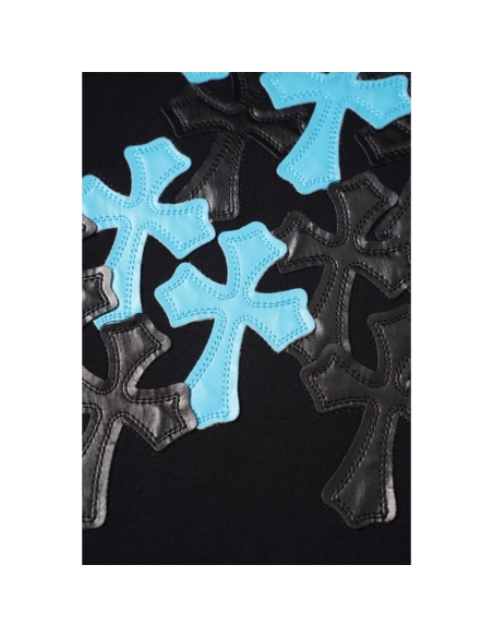 Chrome Hearts T Shirts 2026 New Ice Blue Contrast Cross Leather Patch Short Sleeve  ,Chrome Hearts T Shirt,Tshirt,APPAREL