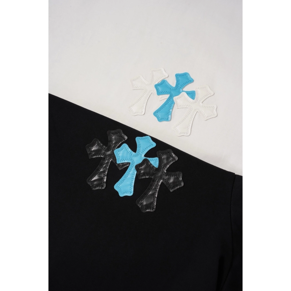 Chrome Hearts T Shirts 2026 New Ice Blue Contrast Cross Leather Patch Short Sleeve  ,Chrome Hearts T Shirt,Tshirt,APPAREL