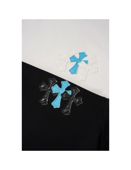 Chrome Hearts T Shirts 2026 New Ice Blue Contrast Cross Leather Patch Short Sleeve  ,Chrome Hearts T Shirt,Tshirt,APPAREL
