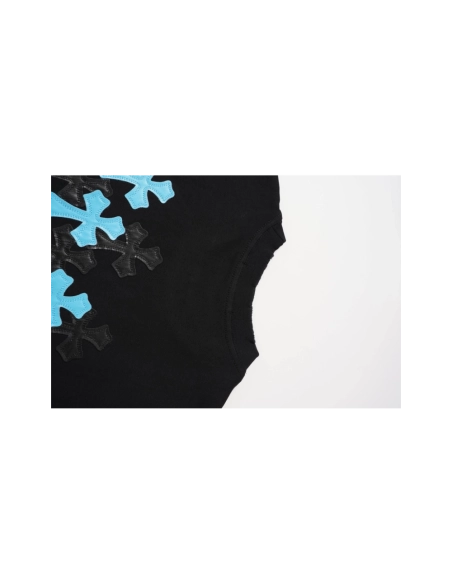 Chrome Hearts T Shirts 2026 New Ice Blue Contrast Cross Leather Patch Short Sleeve  ,Chrome Hearts T Shirt,Tshirt,APPAREL