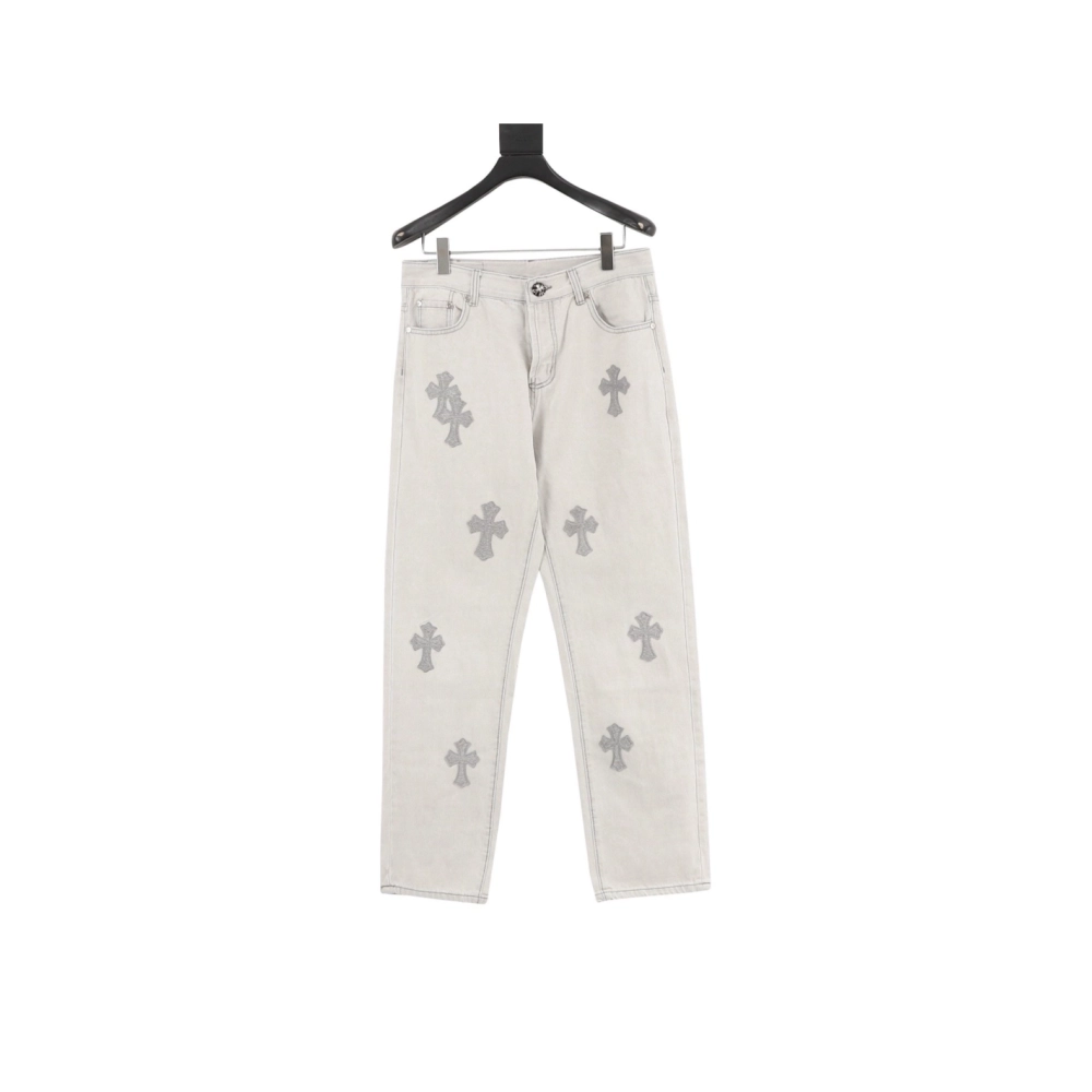 Chrome Hearts Light Grey Silver Horsehair Cross Patchwork Leather Jeans