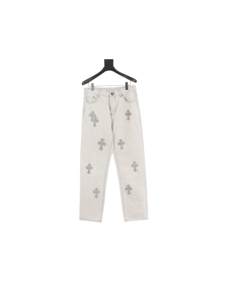 Chrome Hearts Light Grey Silver Horsehair Cross Patchwork Leather Jeans