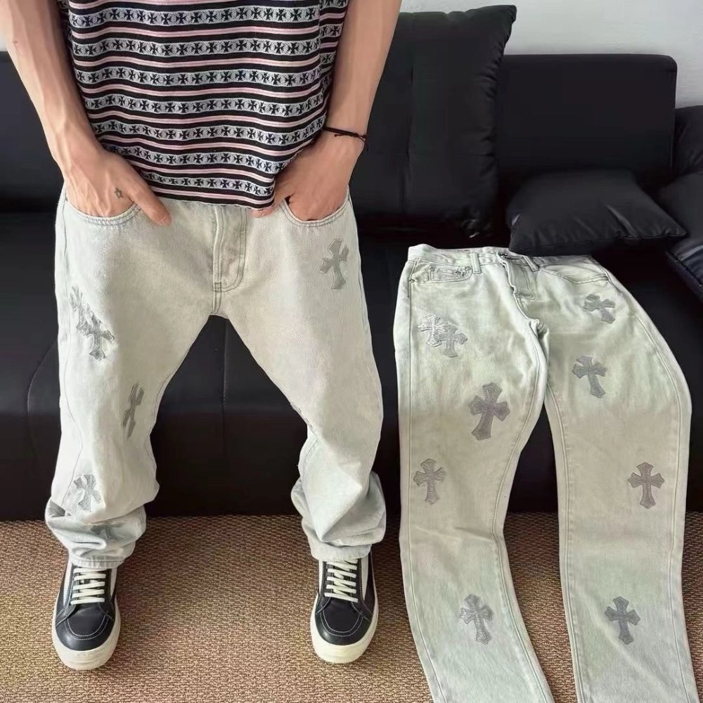Chrome Hearts Light Grey Silver Horsehair Cross Patchwork Leather Jeans