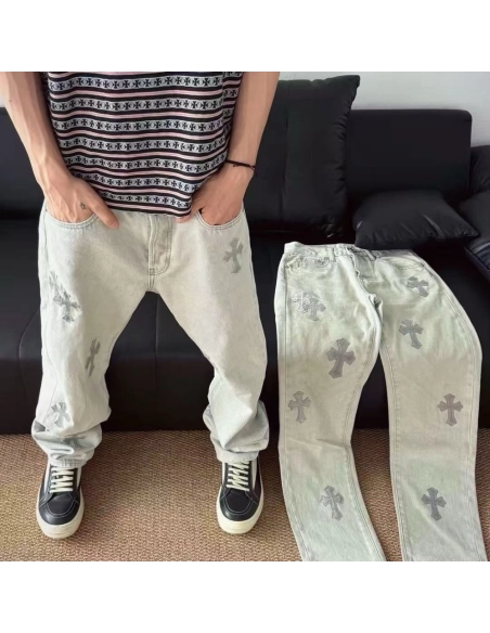 Chrome Hearts Light Grey Silver Horsehair Cross Patchwork Leather Jeans