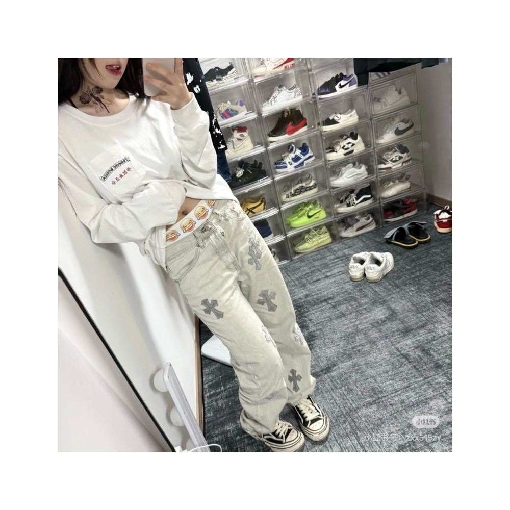 Chrome Hearts Light Grey Silver Horsehair Cross Patchwork Leather Jeans