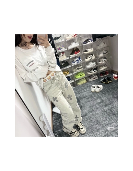 Chrome Hearts Light Grey Silver Horsehair Cross Patchwork Leather Jeans