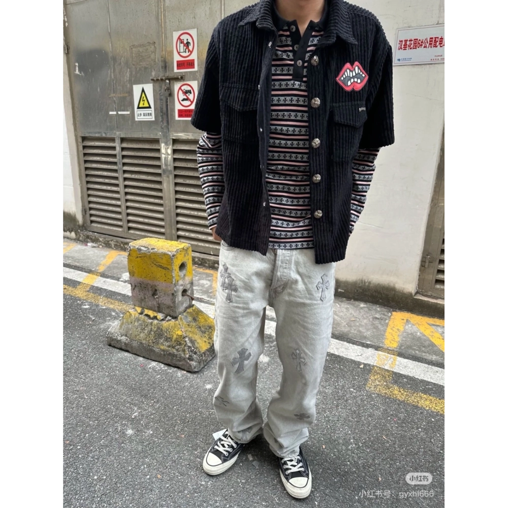 Chrome Hearts Light Grey Silver Horsehair Cross Patchwork Leather Jeans