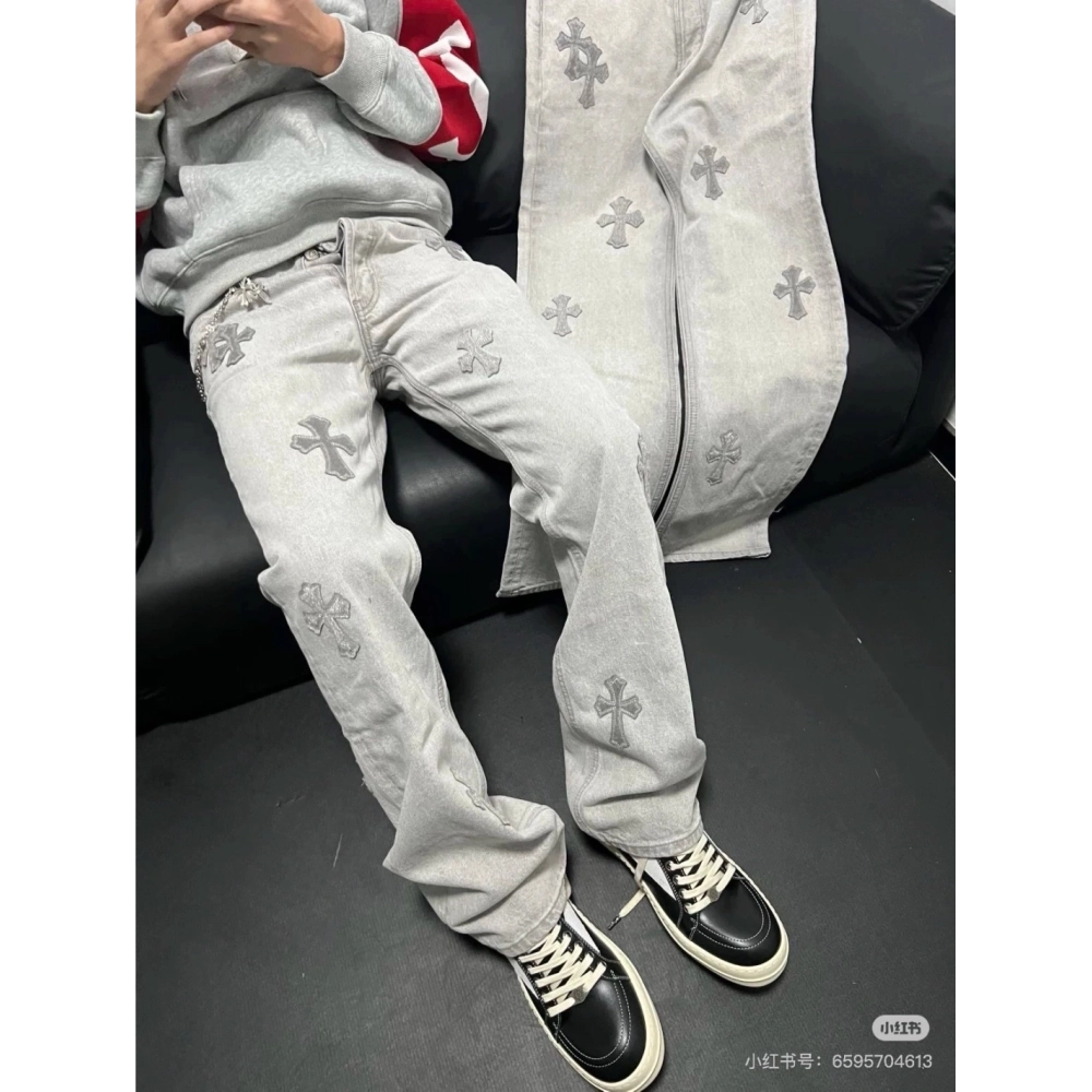Chrome Hearts Light Grey Silver Horsehair Cross Patchwork Leather Jeans
