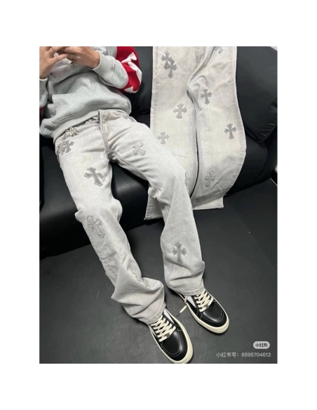 Chrome Hearts Light Grey Silver Horsehair Cross Patchwork Leather Jeans
