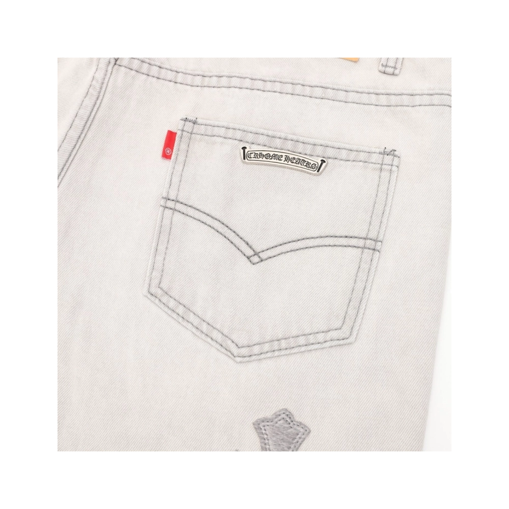 Chrome Hearts Light Grey Silver Horsehair Cross Patchwork Leather Jeans