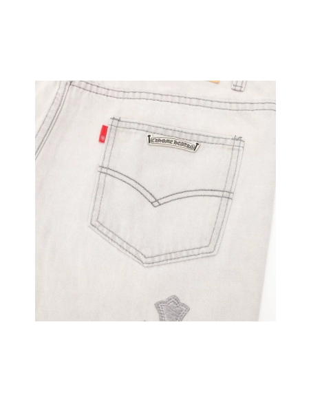 Chrome Hearts Light Grey Silver Horsehair Cross Patchwork Leather Jeans