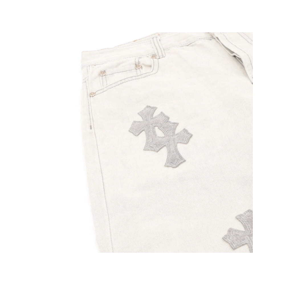 Chrome Hearts Light Grey Silver Horsehair Cross Patchwork Leather Jeans