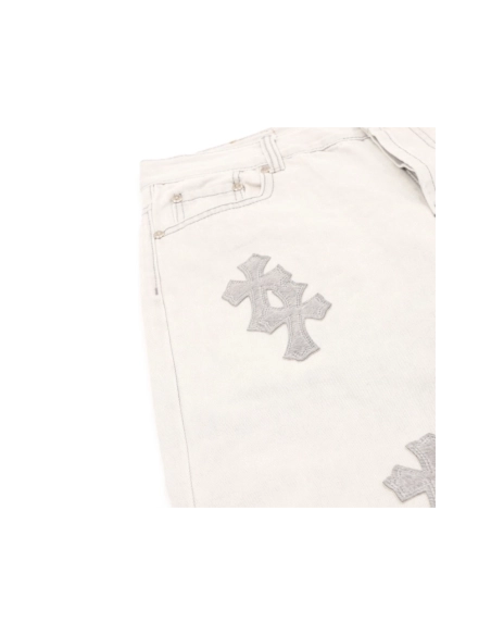 Chrome Hearts Light Grey Silver Horsehair Cross Patchwork Leather Jeans