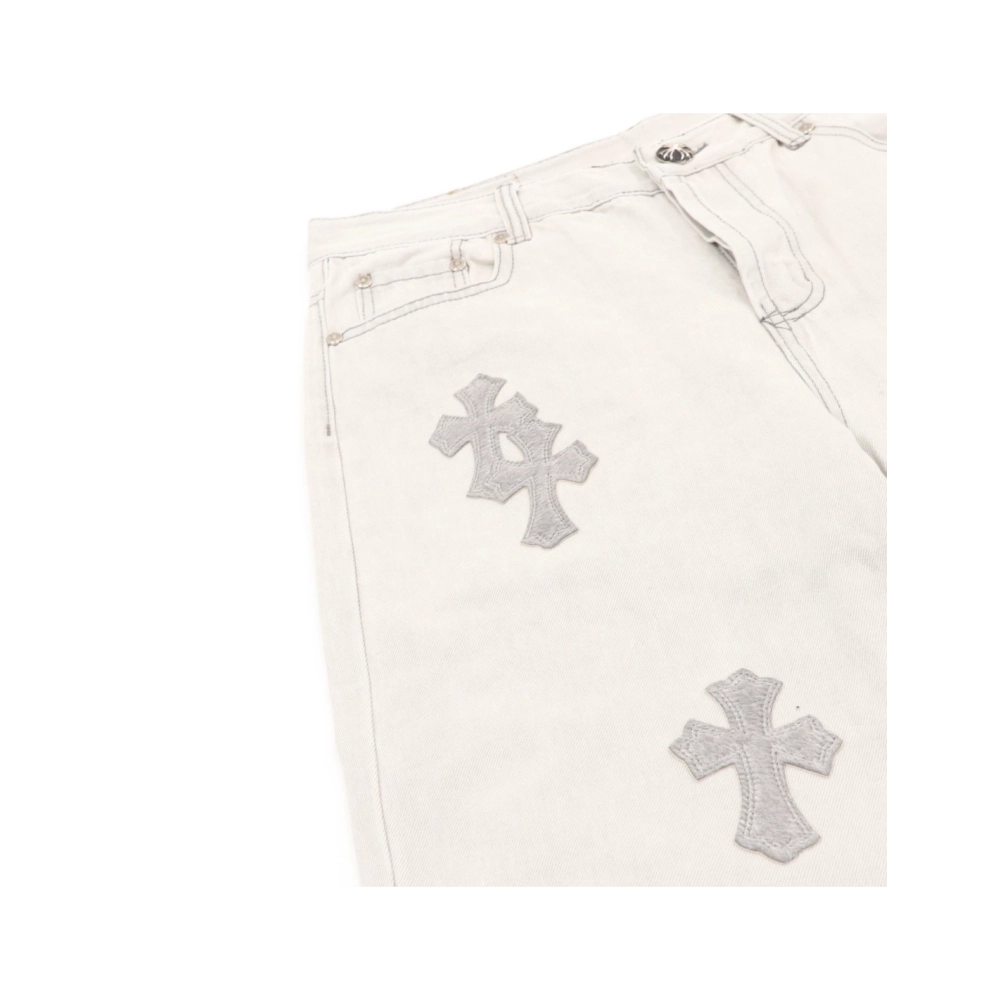 Chrome Hearts Light Grey Silver Horsehair Cross Patchwork Leather Jeans