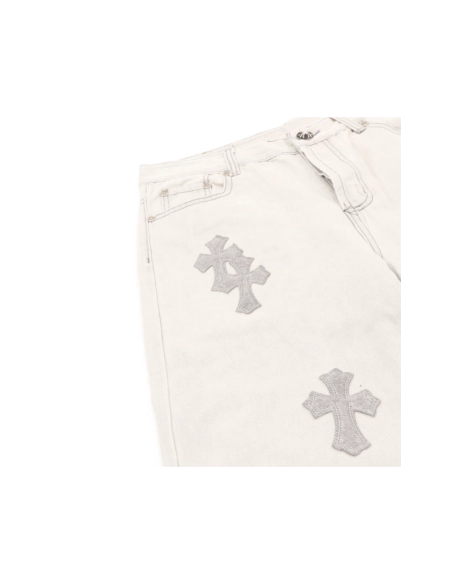 Chrome Hearts Light Grey Silver Horsehair Cross Patchwork Leather Jeans