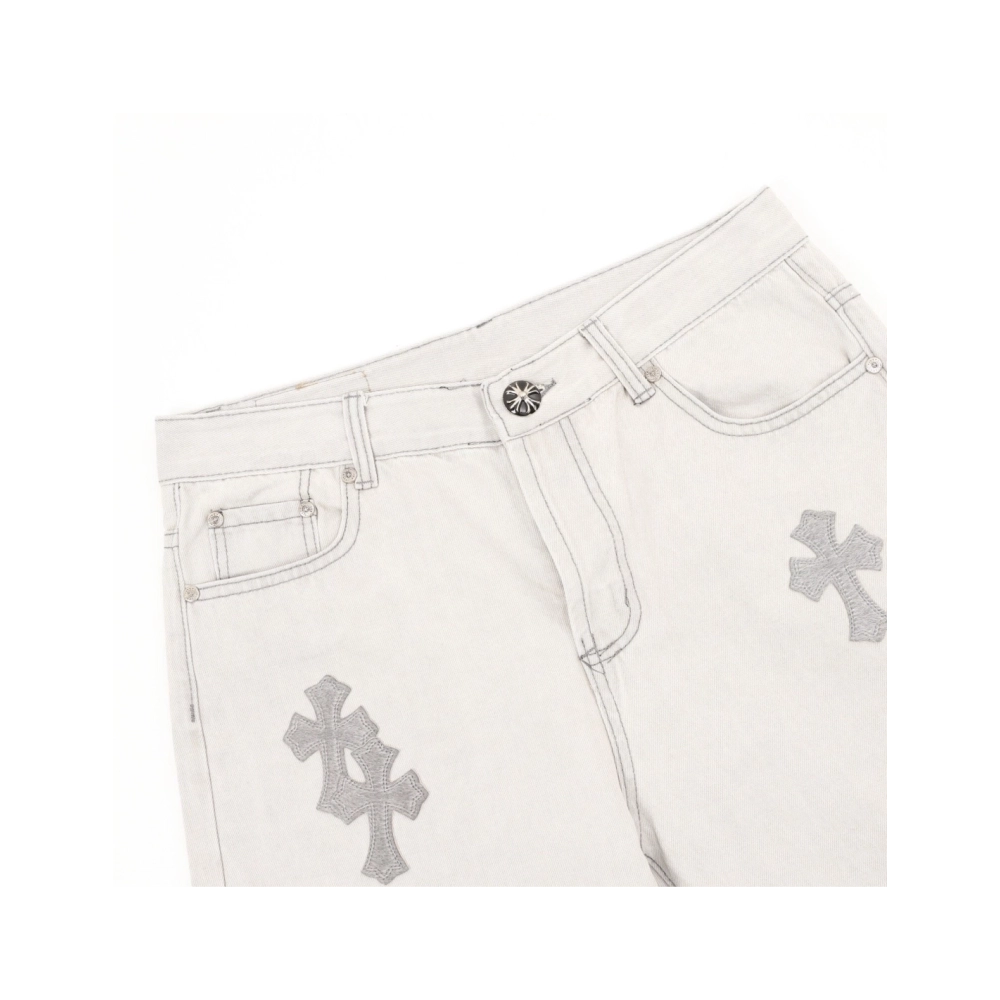 Chrome Hearts Light Grey Silver Horsehair Cross Patchwork Leather Jeans