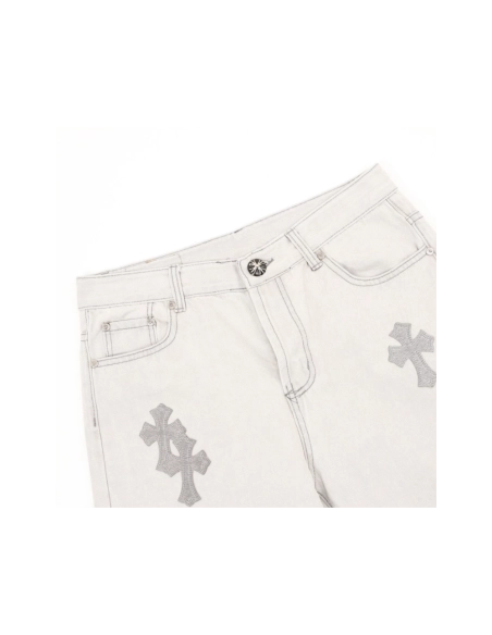 Chrome Hearts Light Grey Silver Horsehair Cross Patchwork Leather Jeans