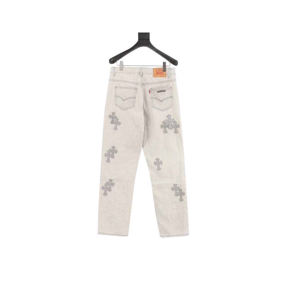 Chrome Hearts Light Grey Silver Horsehair Cross Patchwork Leather Jeans