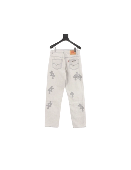 Chrome Hearts Light Grey Silver Horsehair Cross Patchwork Leather Jeans
