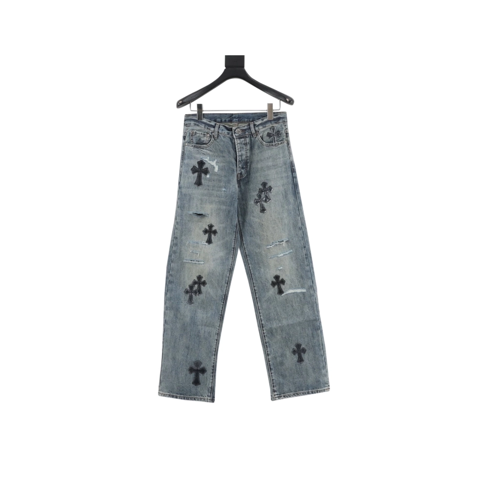 Chrome Hearts Cross Leather Patch Distressed Denim Trousers