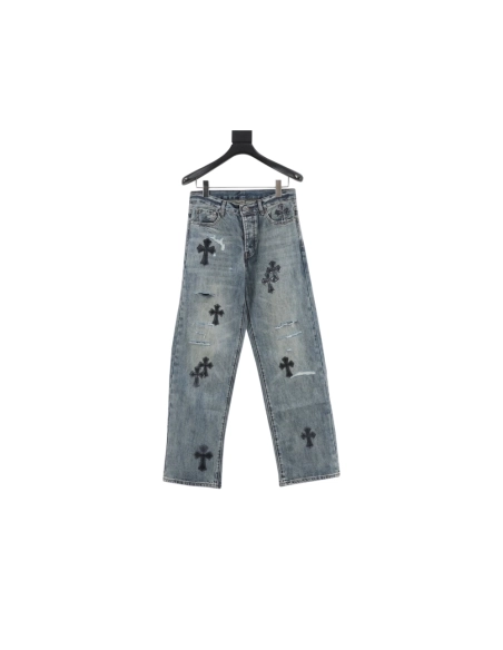 Chrome Hearts Cross Leather Patch Distressed Denim Trousers