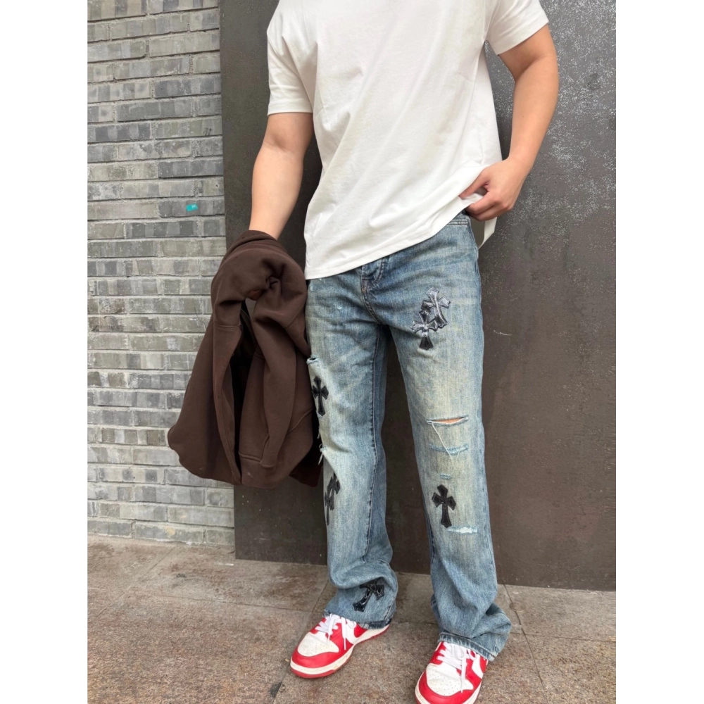 Chrome Hearts Cross Leather Patch Distressed Denim Trousers