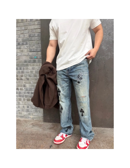 Chrome Hearts Cross Leather Patch Distressed Denim Trousers