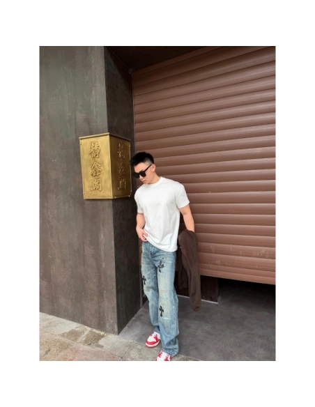 Chrome Hearts Cross Leather Patch Distressed Denim Trousers