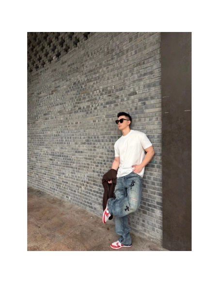 Chrome Hearts Cross Leather Patch Distressed Denim Trousers