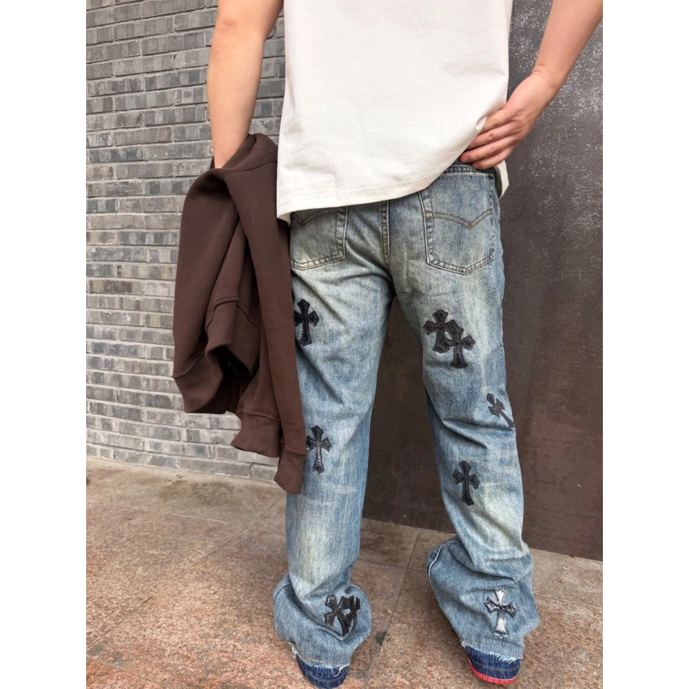 Chrome Hearts Cross Leather Patch Distressed Denim Trousers