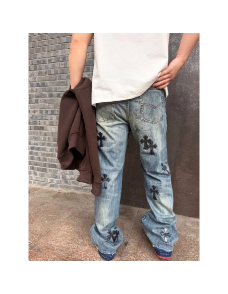 Chrome Hearts Cross Leather Patch Distressed Denim Trousers